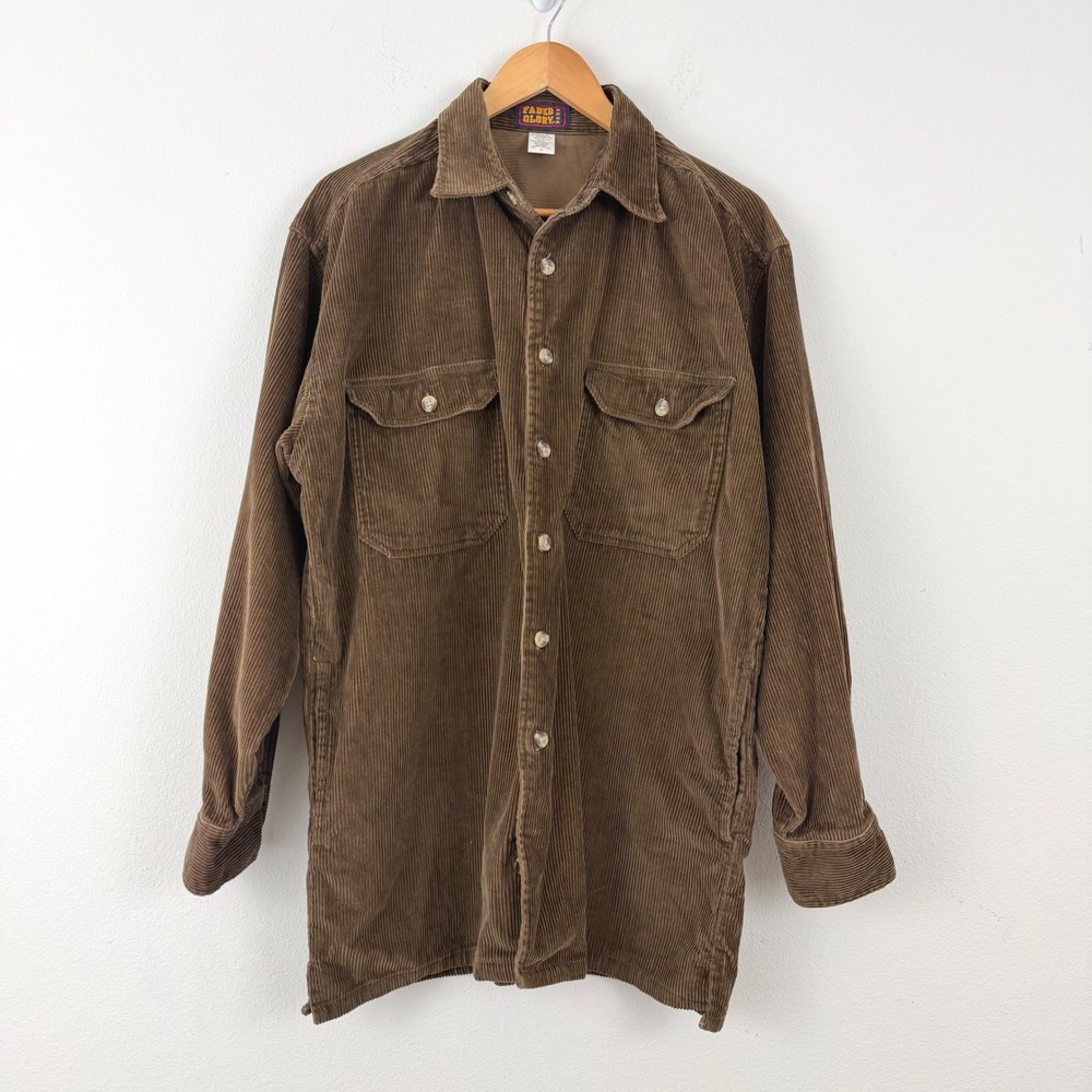 Gorpcore Vintage Mens L Brown Corduroy Button Down Chore Shirt Long Sleeve